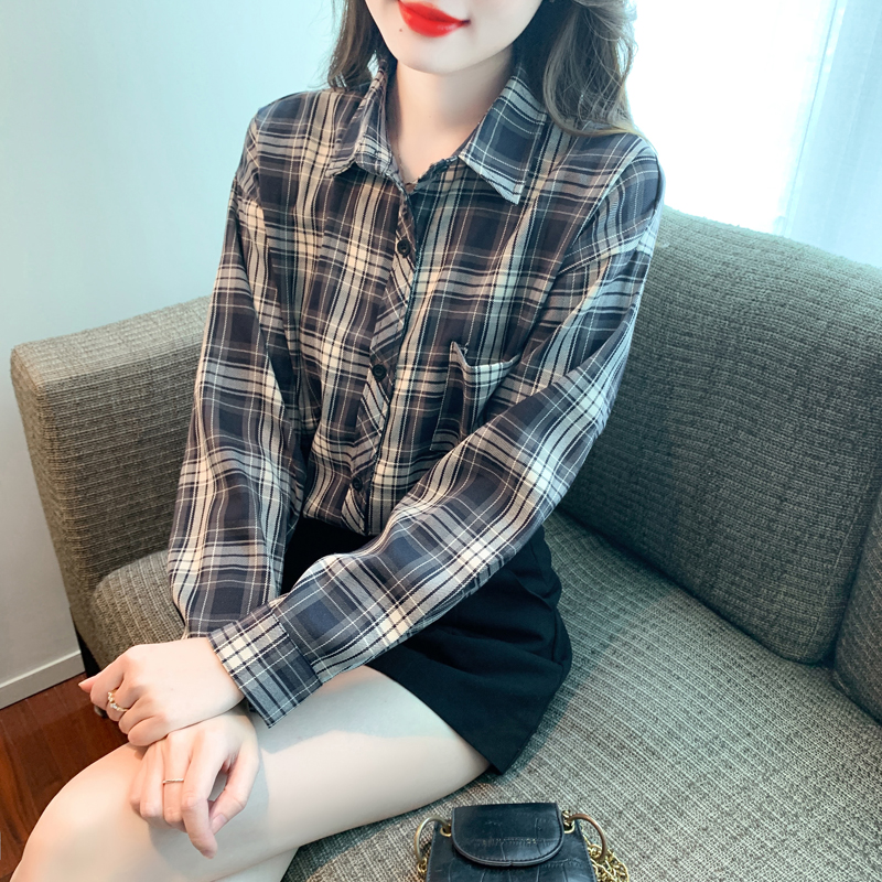 Plaid long loose shirt autumn retro coat