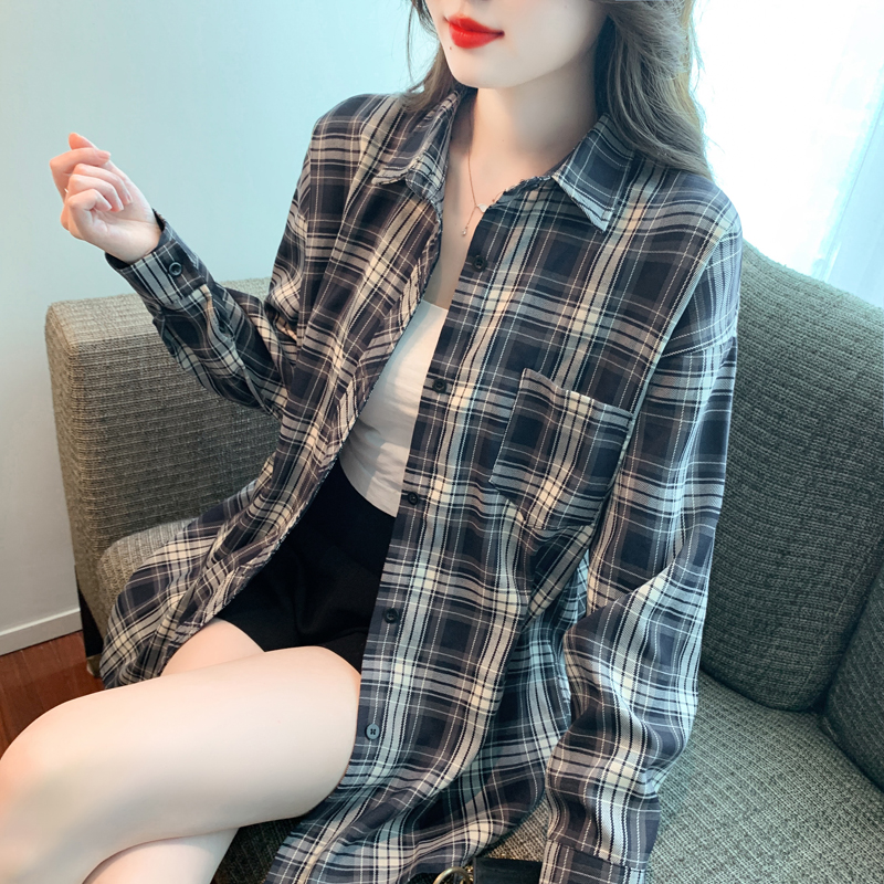 Plaid long loose shirt autumn retro coat