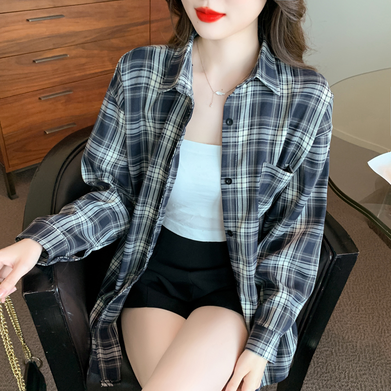 Plaid long loose shirt autumn retro coat