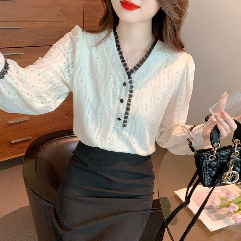 Spring and autumn V-neck shirt lace shirts for women