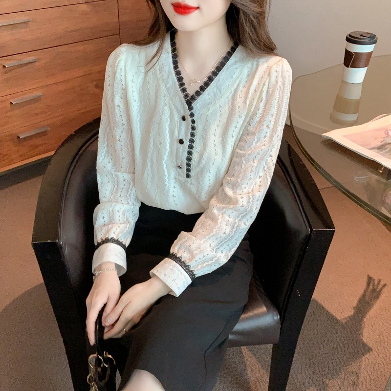 Spring and autumn V-neck shirt lace shirts for women