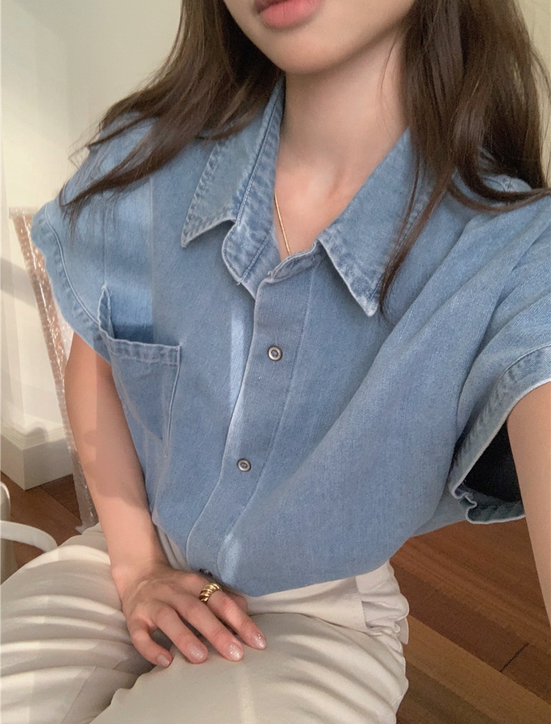 Short sleeve denim loose washed all-match simple shirt