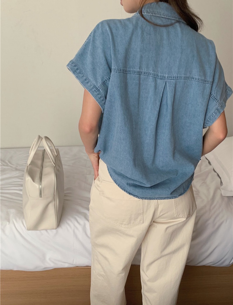 Short sleeve denim loose washed all-match simple shirt