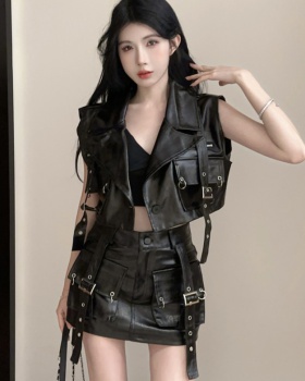 Punk style spicegirl short skirt PU coat a set