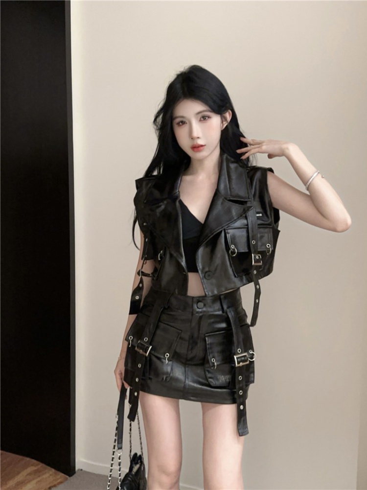 Punk style spicegirl short skirt PU coat a set