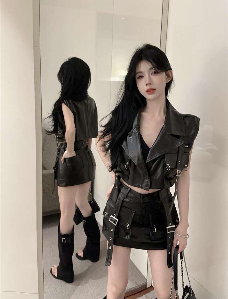 Punk style spicegirl short skirt PU coat a set