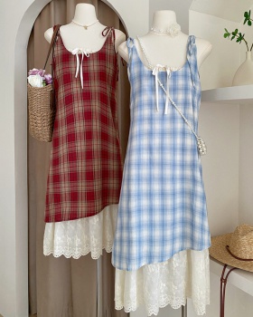 Pseudo-two sling sweet plaid summer dress