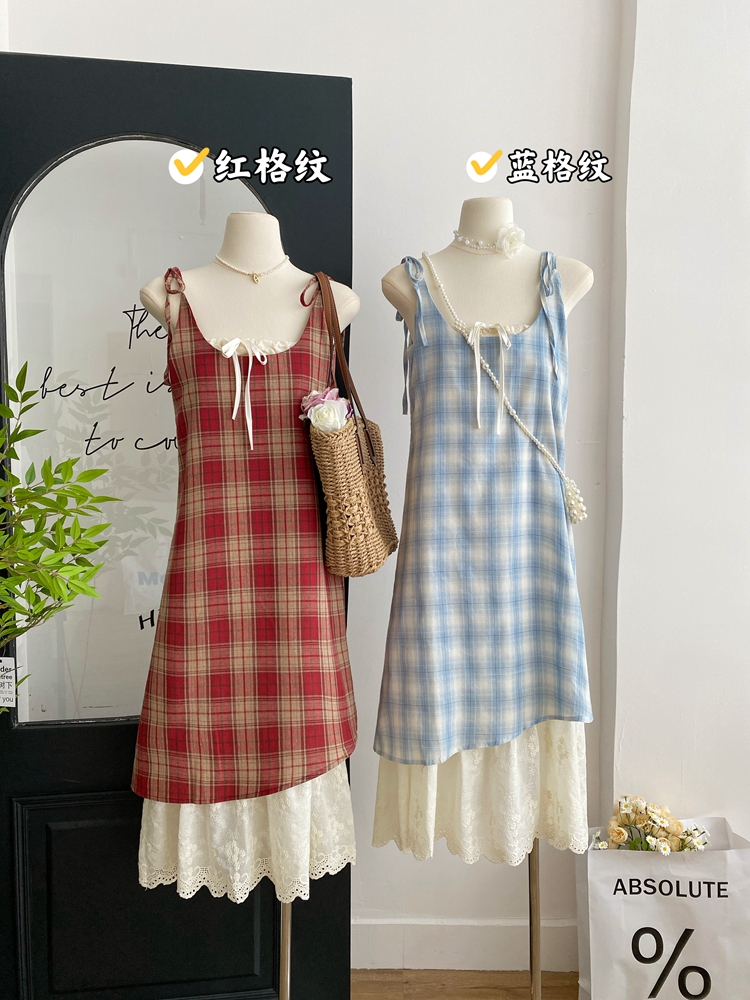 Pseudo-two sling sweet plaid summer dress