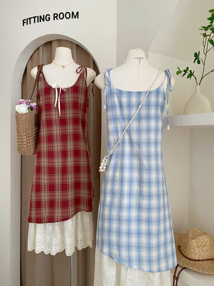 Pseudo-two sling sweet plaid summer dress