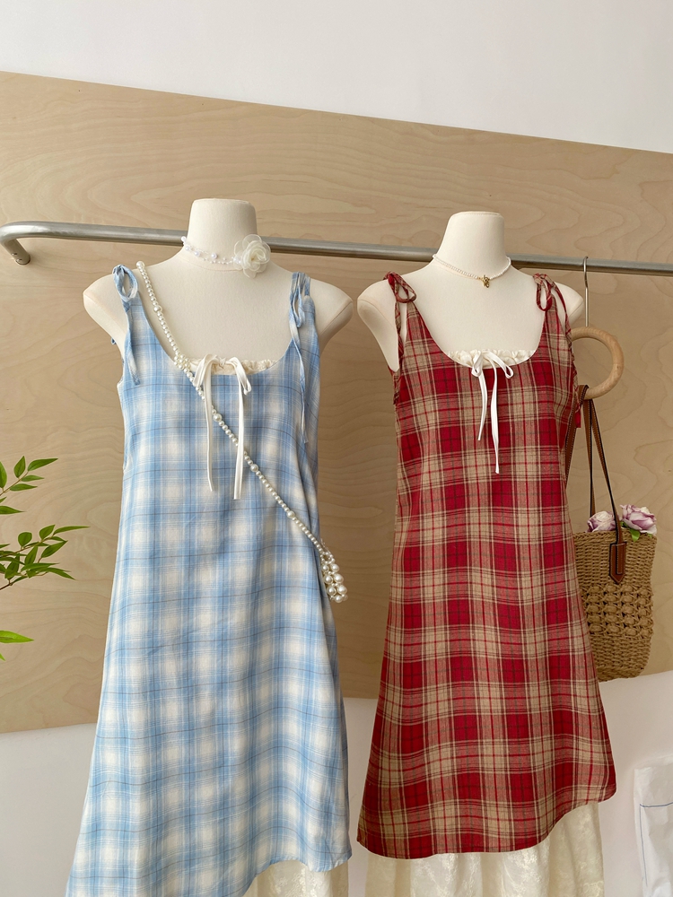 Pseudo-two sling sweet plaid summer dress