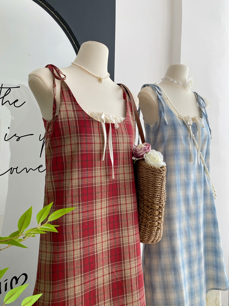 Pseudo-two sling sweet plaid summer dress