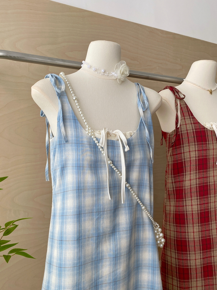 Pseudo-two sling sweet plaid summer dress