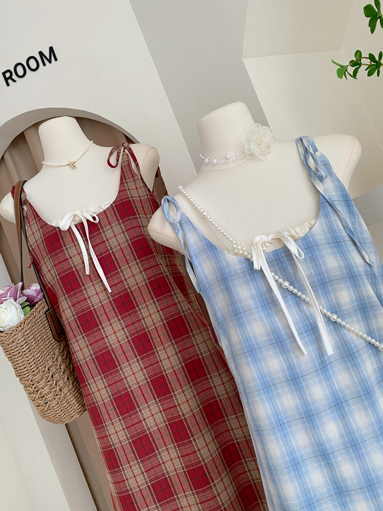 Pseudo-two sling sweet plaid summer dress