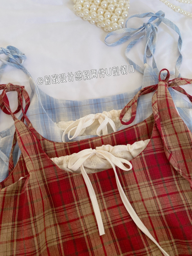 Pseudo-two sling sweet plaid summer dress