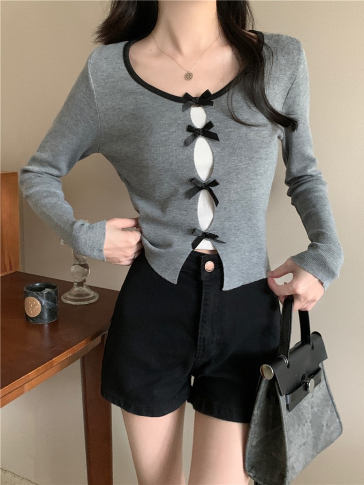 Long sleeve chanelstyle bow hollow sweater