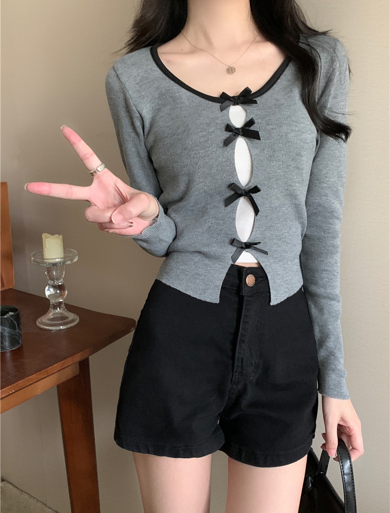 Long sleeve chanelstyle bow hollow sweater