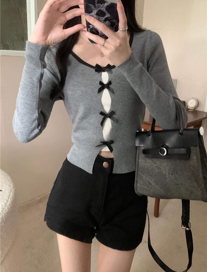 Long sleeve chanelstyle bow hollow sweater