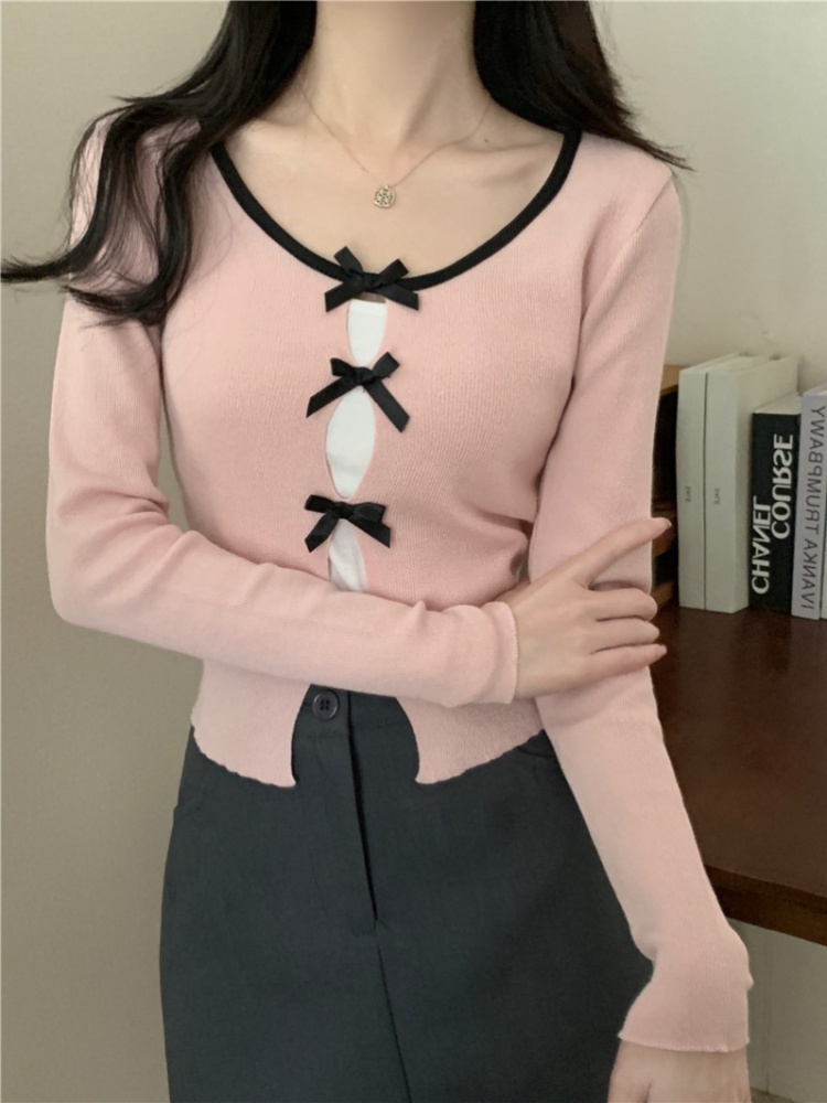 Long sleeve chanelstyle bow hollow sweater