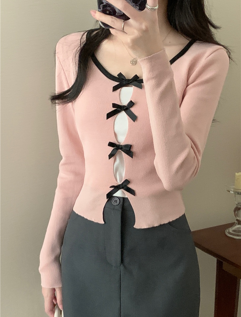 Long sleeve chanelstyle bow hollow sweater