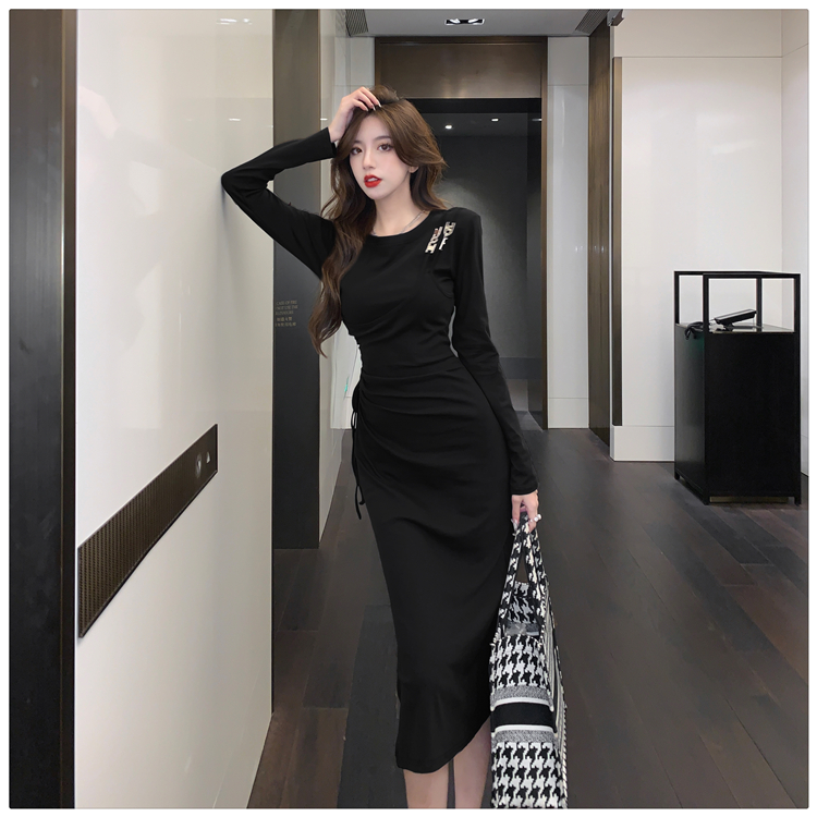 Long sleeve Pseudo-two slim pinched waist drawstring dress