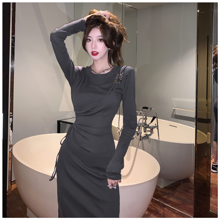 Long sleeve Pseudo-two slim pinched waist drawstring dress