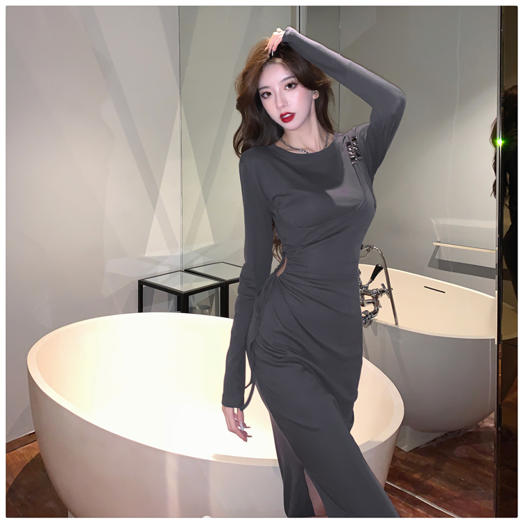 Long sleeve Pseudo-two slim pinched waist drawstring dress