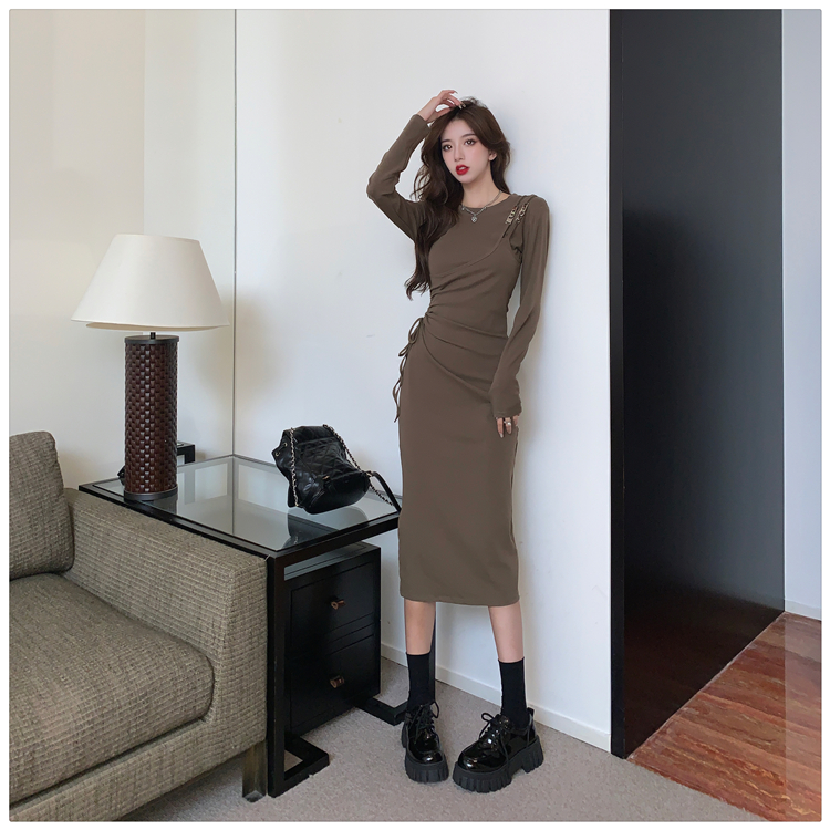 Long sleeve Pseudo-two slim pinched waist drawstring dress