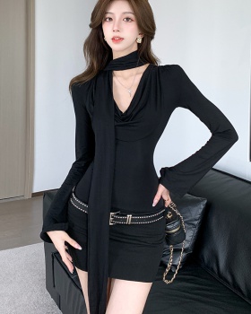 Autumn black T-back package hip dress for women