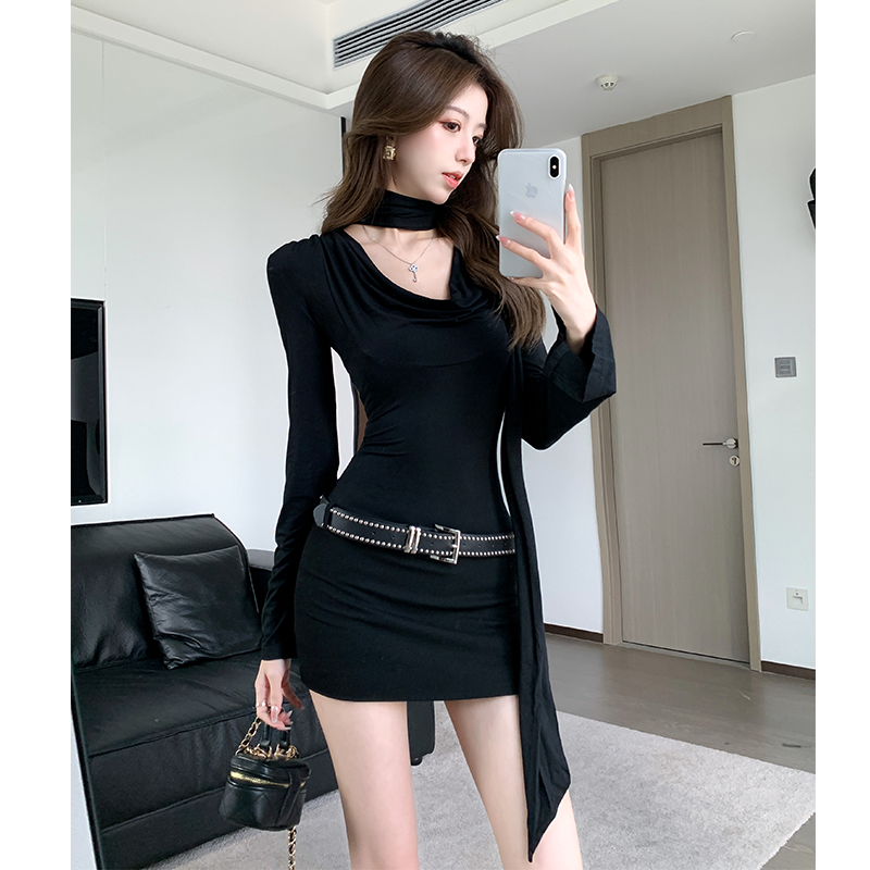 Autumn black T-back package hip dress for women