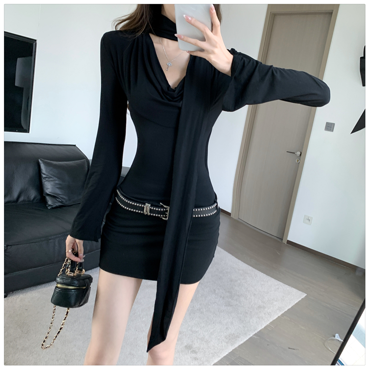 Autumn black T-back package hip dress for women