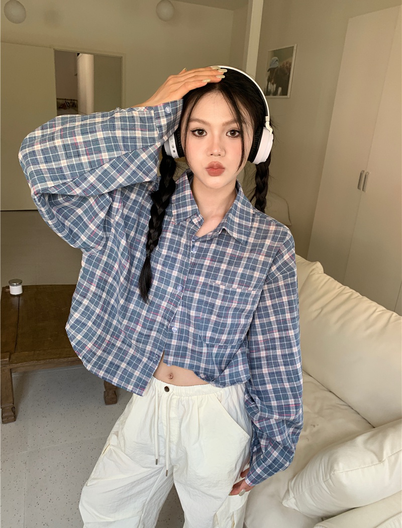 Short loose plaid retro shirt