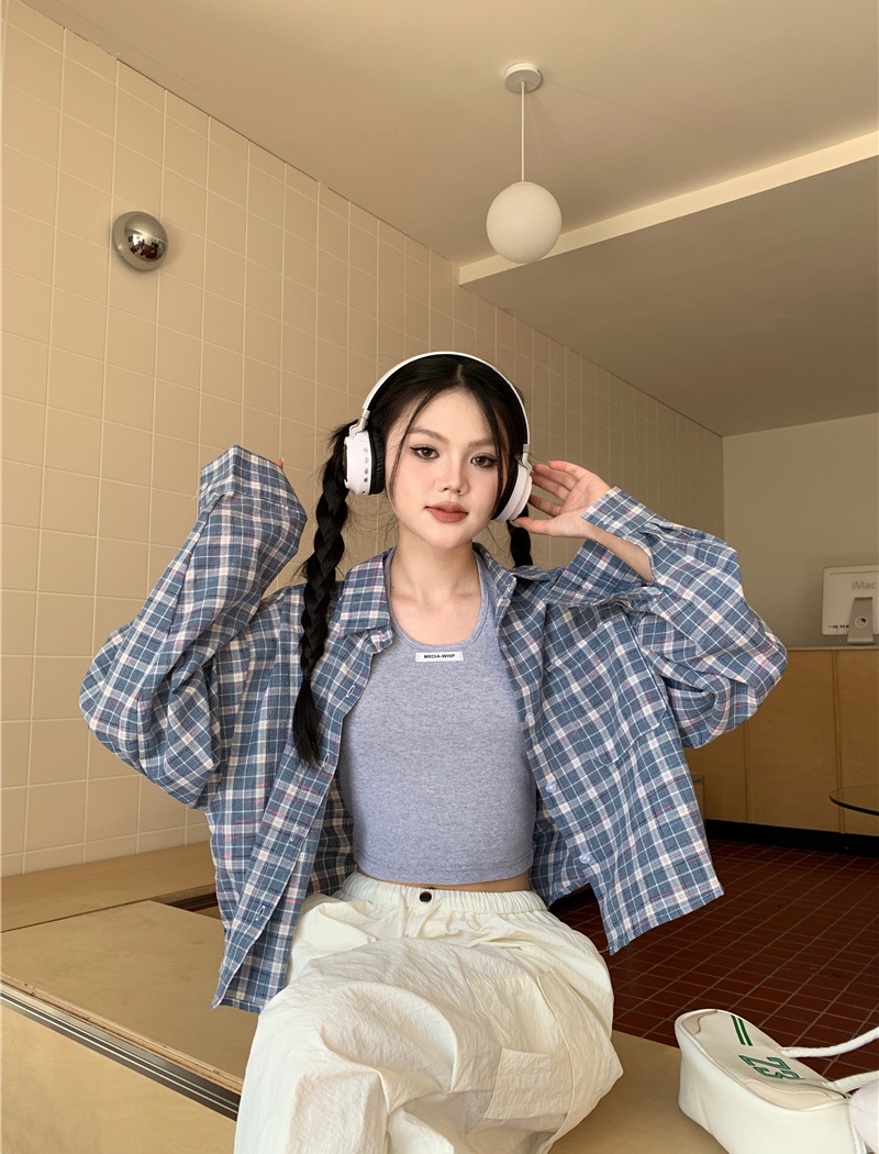 Short loose plaid retro shirt