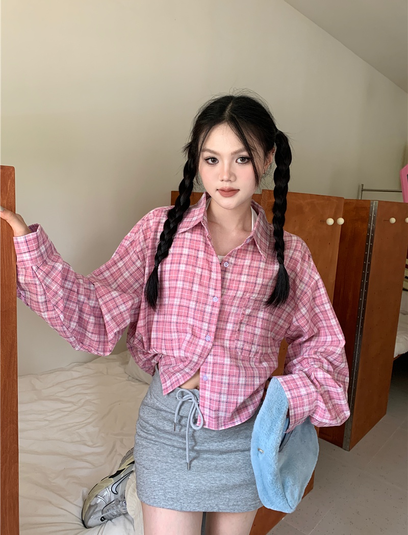 Short loose plaid retro shirt