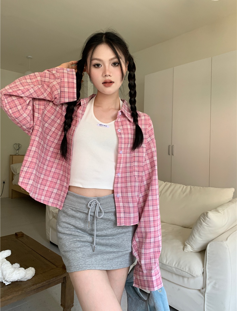 Short loose plaid retro shirt