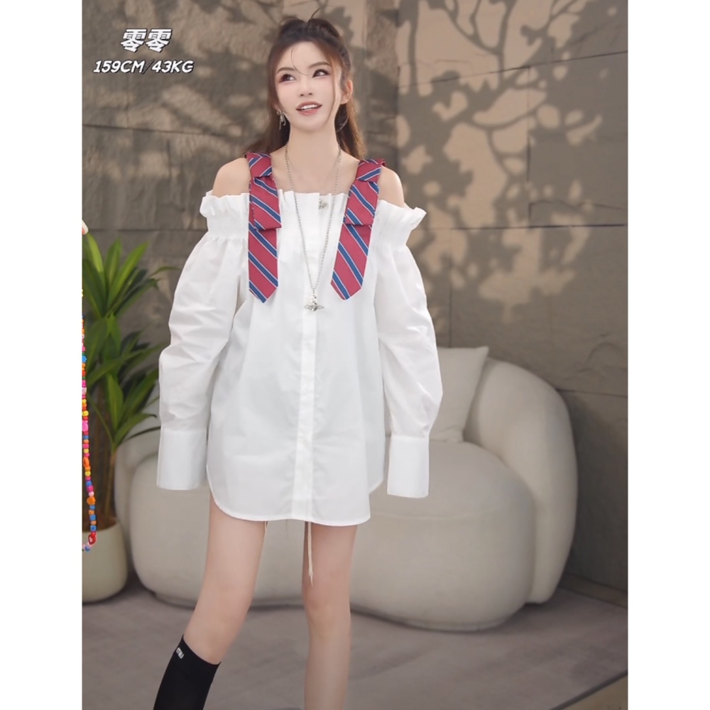 Long long sleeve horizontal collar bow shirt for women