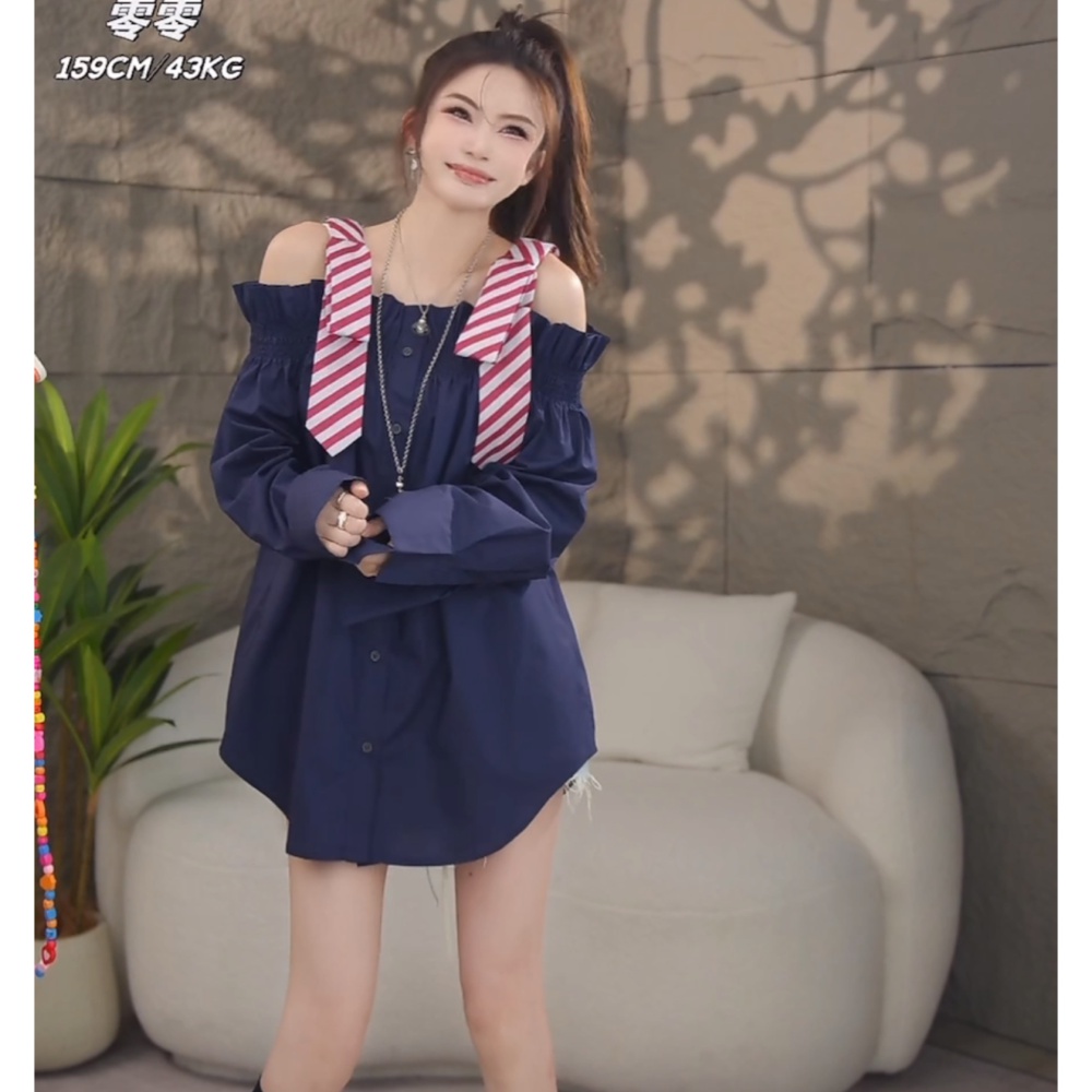 Long long sleeve horizontal collar bow shirt for women