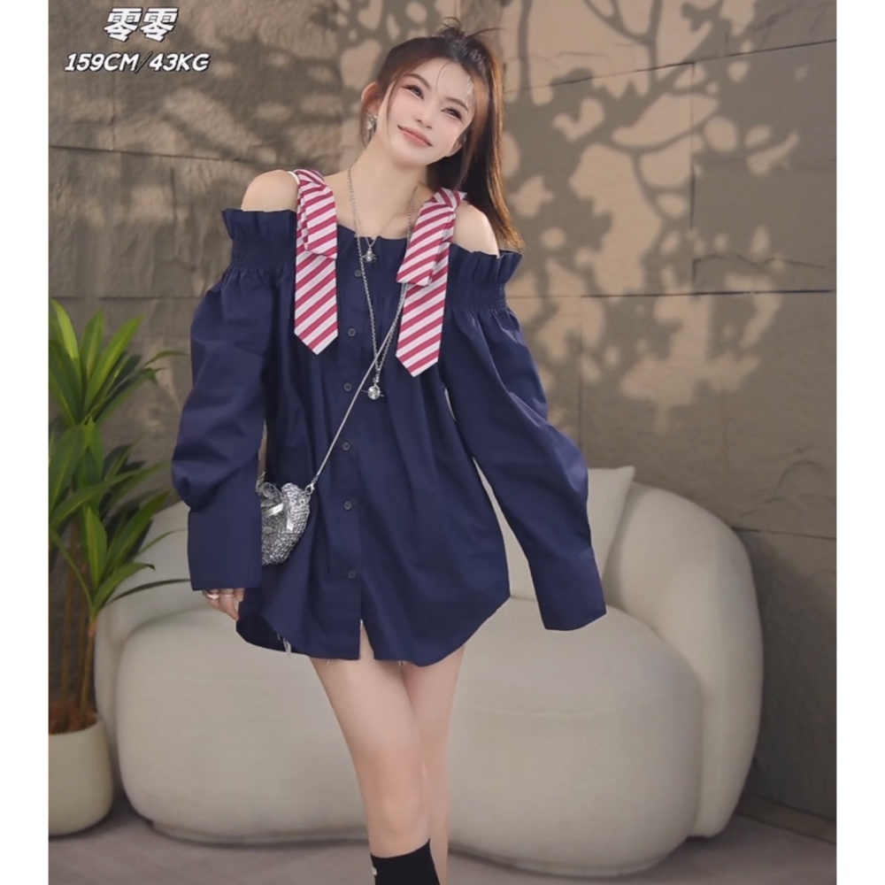 Long long sleeve horizontal collar bow shirt for women