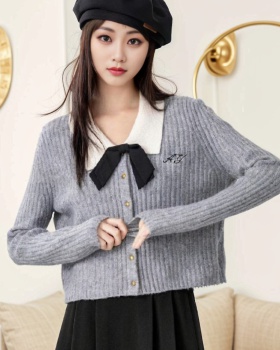 Gray knitted sweater bow niche coat for women