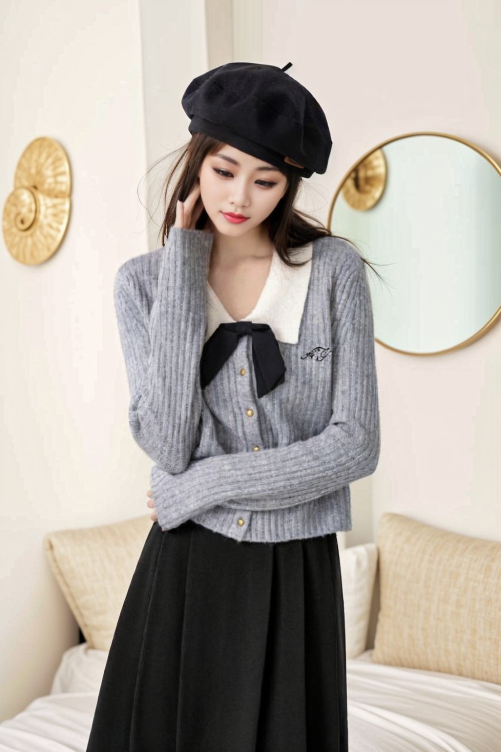 Gray knitted sweater bow niche coat for women