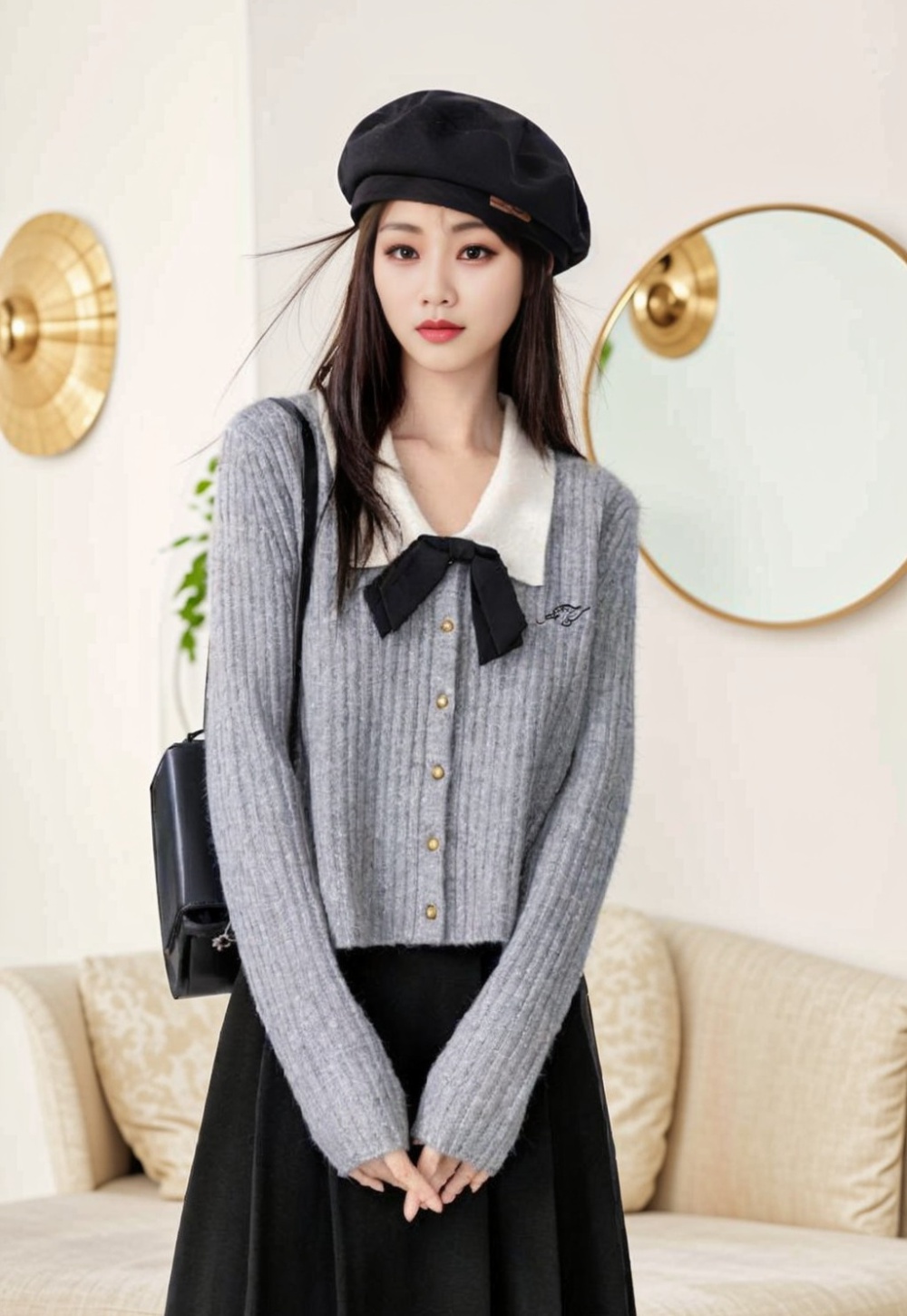 Gray knitted sweater bow niche coat for women