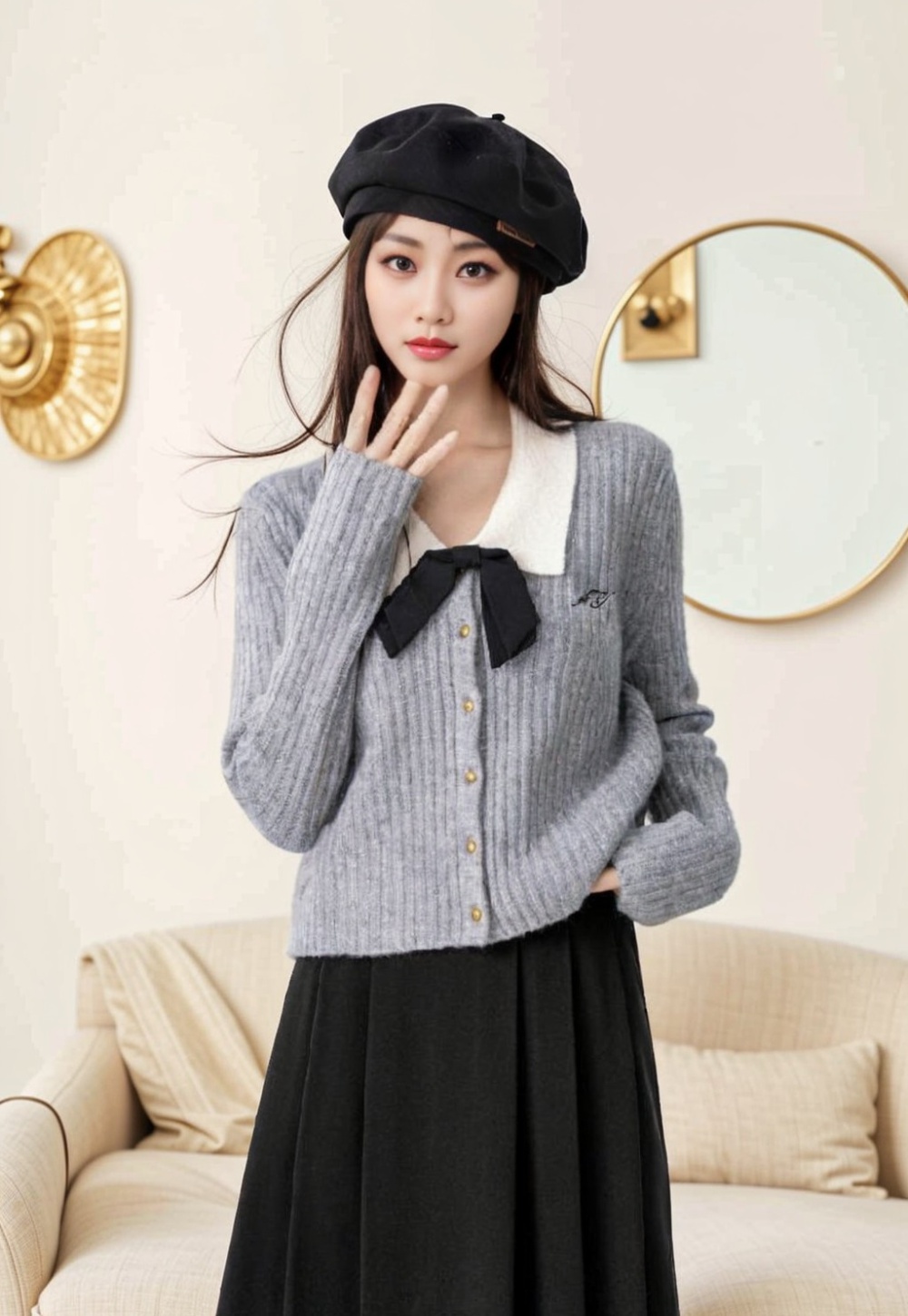 Gray knitted sweater bow niche coat for women