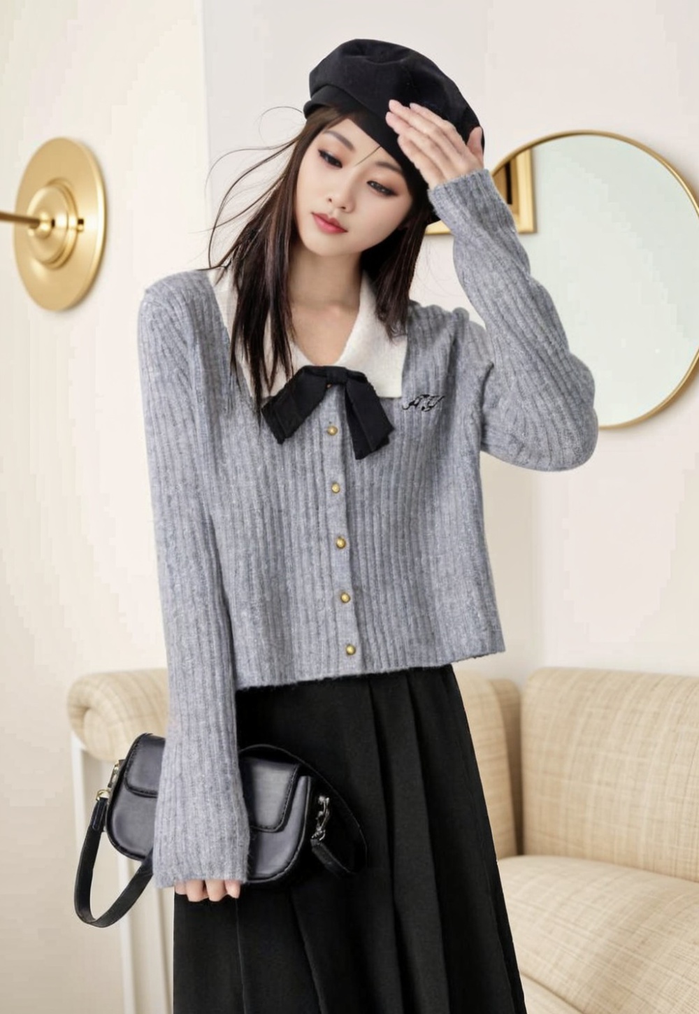 Gray knitted sweater bow niche coat for women