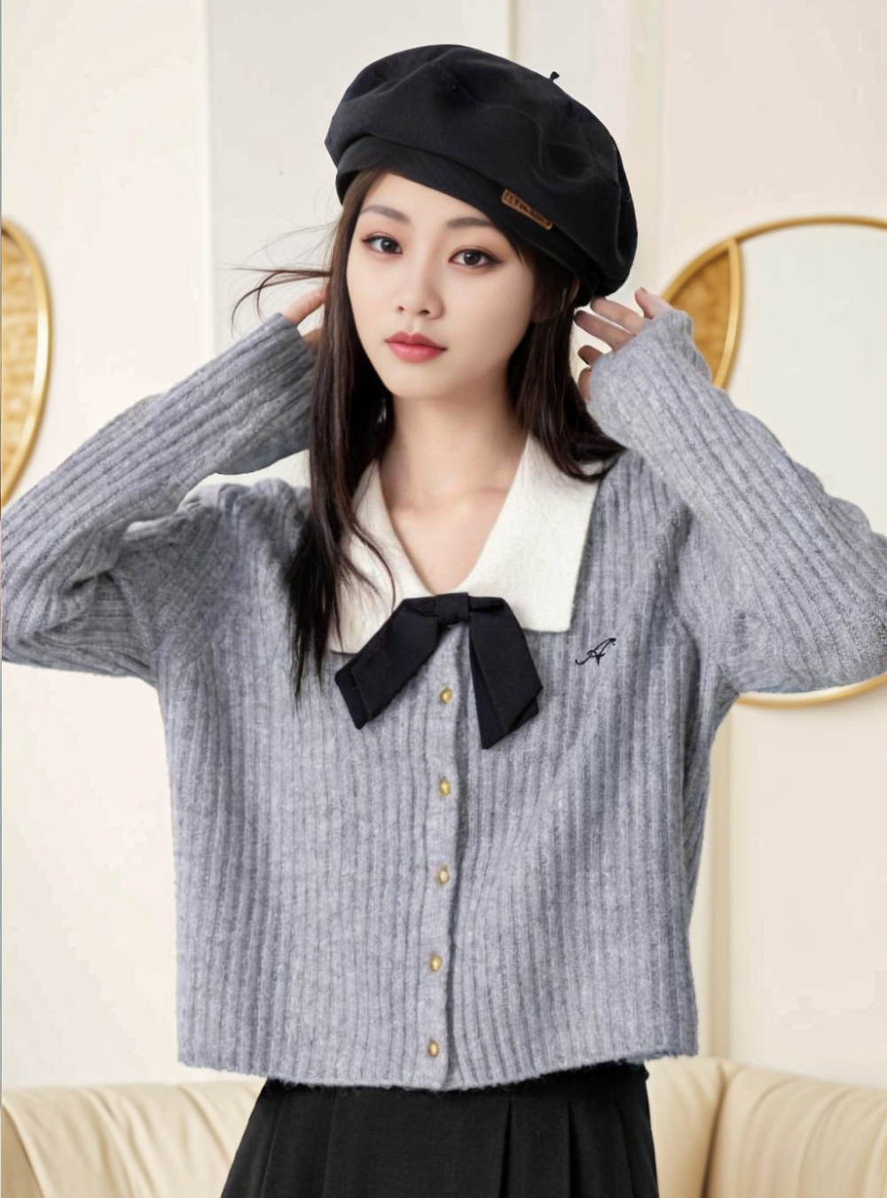 Gray knitted sweater bow niche coat for women