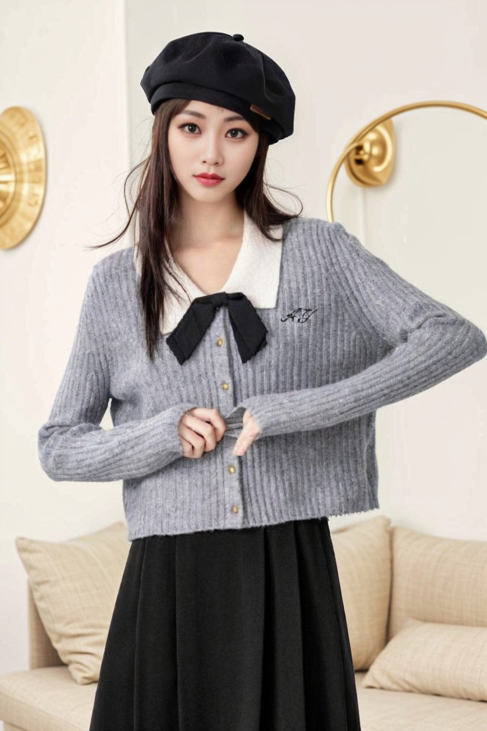 Gray knitted sweater bow niche coat for women