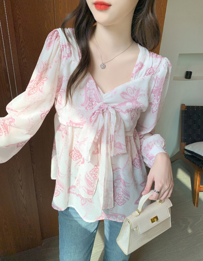 Bow puff sleeve autumn tops niche all-match chiffon shirt