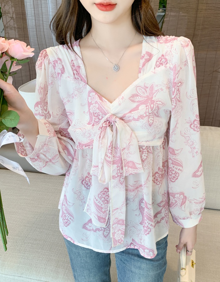 Bow puff sleeve autumn tops niche all-match chiffon shirt