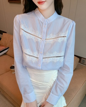 Niche splice stripe chiffon shirt lace autumn shirt