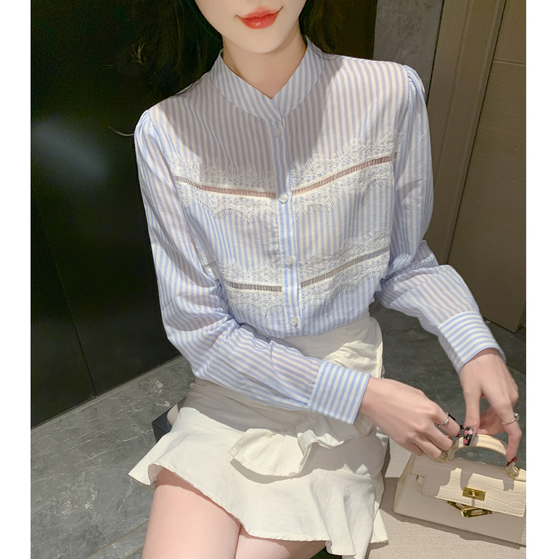 Niche splice stripe chiffon shirt lace autumn shirt