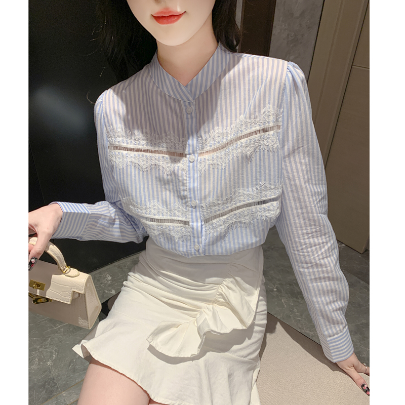 Niche splice stripe chiffon shirt lace autumn shirt