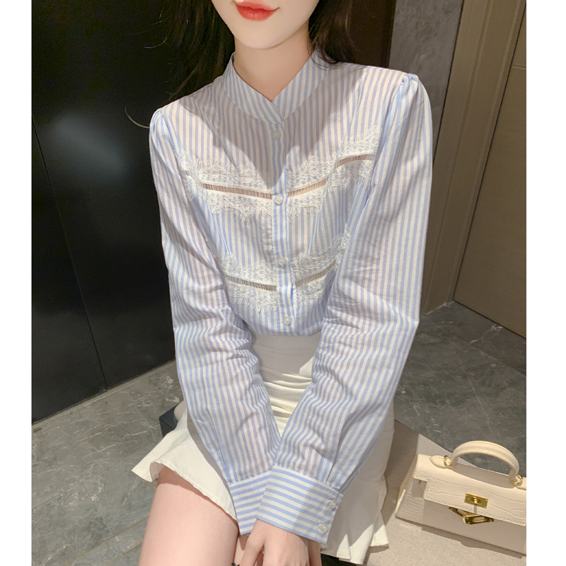 Niche splice stripe chiffon shirt lace autumn shirt